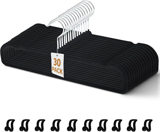 30 Pack Velvet Pant Hangers, Non Slip Thin Space Saving Trouser Hanger with 30 Hooks, 360° Swivel Hook Strong Durable Slim Clothes Hanger for Shorts, Jeans, Tank Top, Scarves