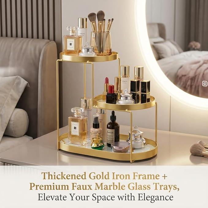 Makeup Organizer Countertop, 3 Tiers Skincare Organizer with Gold Finish, Durable Metal Storage for Bathroom or Bedroom Vanity, Tall Spacious Design for Large Bottles