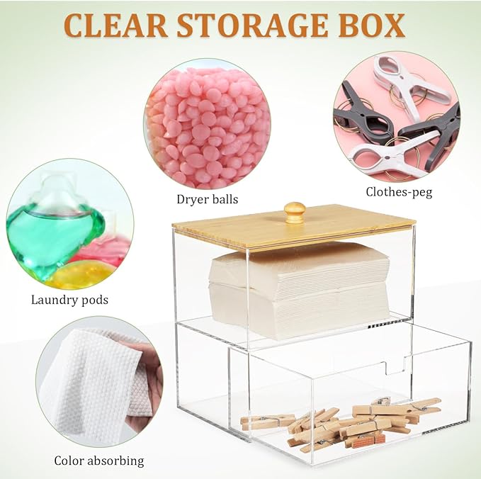 Laundry Pod Containers Acrylic Dryer Sheet Holder Stackable Laundry Room Organization with Storage Drawers and Bamboo Lid,Clear Detergent Dispenser for washer Organizing and Decor
