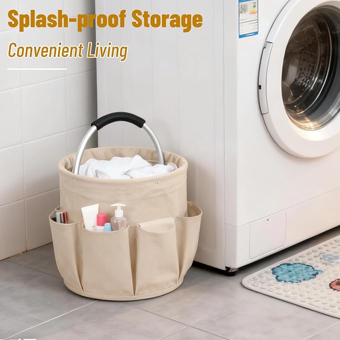17L Foldable Storage Basket with 6 Side Pockets Cleaning Caddy with Handle Folding Storage Bin for Home Bathroom Camping Gardening (Khaki)