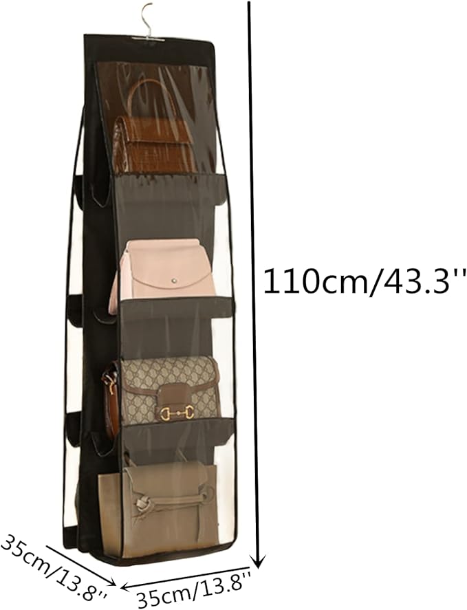 HAN SHENG 8 Pockets Clear Handbag & Purse Organizer Hanging Bag Storage - Space Saving Hanging Shelf for Closet, Wardrobe, Over Door (1 Pack, Black)