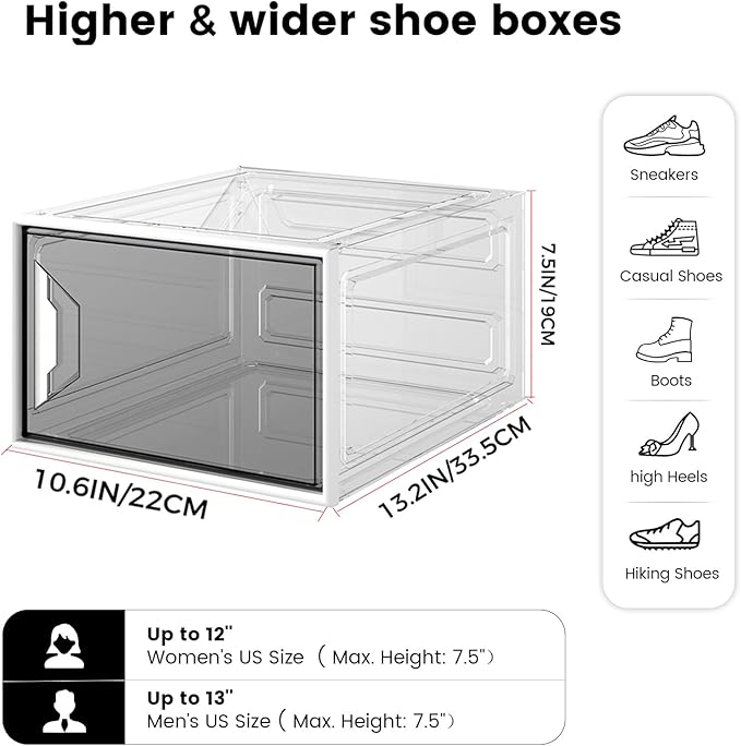 X-Large Stackable Shoe Boxes - Clear Plastic Shoe Storage Boxes with Magnetic Door, Thicken Shoe Organizer for Closet, Space Saving Foldable Shoe Containers Bins for Sneaker Boot - 6 Pack(White)