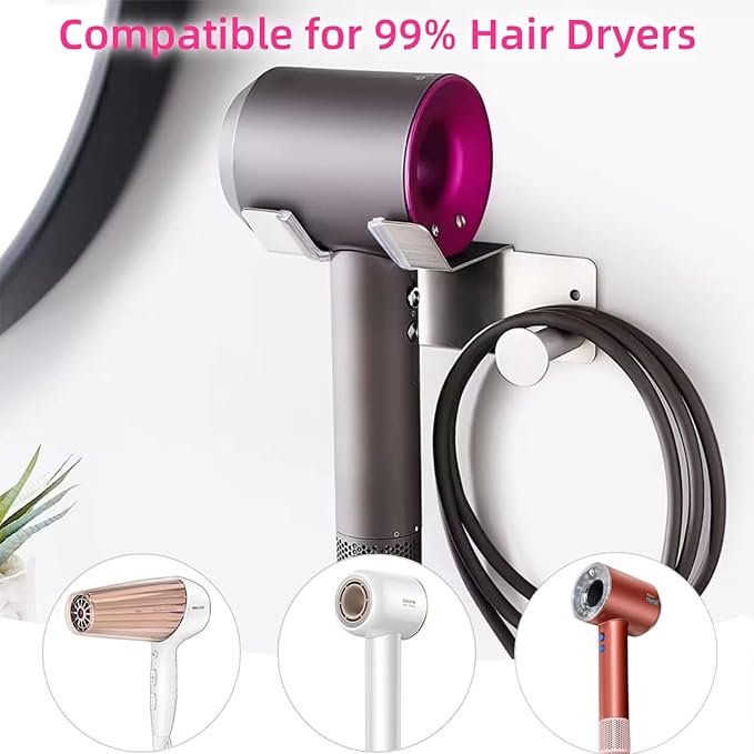 Hair Dryer Holder, Hair Dryer Holder Wall Mounted, Self Adhesive Blow Dryer Holder, Stainless Steel Dyson Hair Dryer Holder, Hairdryer Holder for Bathroom BANJEKT