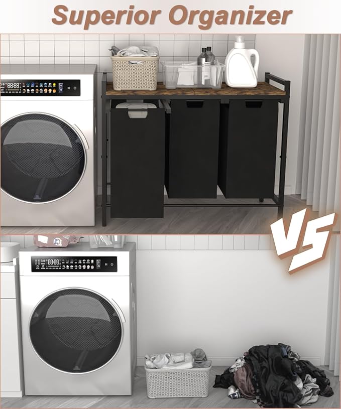 10 x 3 Gal Large Laundry Hamper with 3 Pull-Out & Removable Sorter Bags, Freestanding Clothes Basket Organizer for Clothing or Toys in Bathroom and Living Room, Rustic Brown and Black