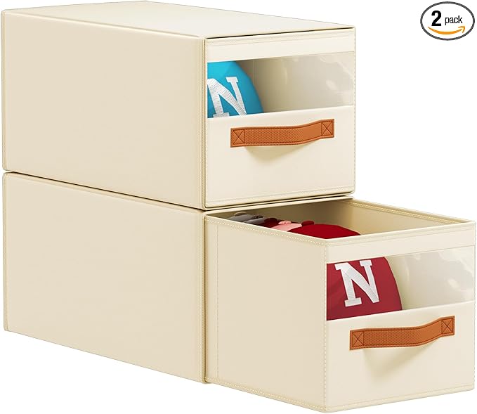 Hat Organizer for Baseball Caps - 2 Pack Pull-Out Drawer Hat Storage Organizer Box with Clear Window, Stackable Closet Cap Holder, Baseball Cap Organizer for Closet, Bedroom, Home, Beige