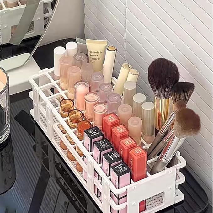 Makeup Storage Organizer Rack,Lipstick Lipgloss Display Organizer,Detachable Makeup Brush Air Drying Rack,Perfect Storage Solution for Drawer and Vanity,0.9"+0.66" (24-hole + 60-hole)