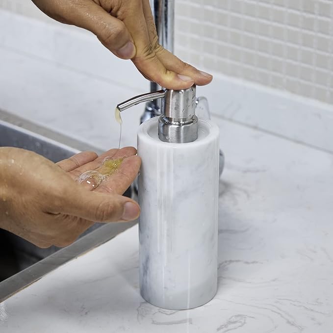 Luxurious White Marble Soap Pump Dispenser for Countertop, Bathroom & Kitchen, Hand or Dish Liquid Soap/Lotion 304 Steel Pump Bottle, Italy Carrara, Vanity