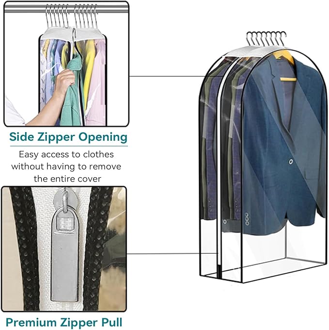 10” Gusseted Clear Garment Bags, 40” Hanging Suit Bags for Closet Storage - Protect Clothes, Suits, Coats, Dresses - 3 Pack (50 inch)