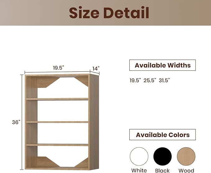 ROOMTEC 19.5" Shelf Short Tower Closet Unit, Modular Closet System with Shelf, Wardrobe Organizer for Bedroom or Walk-in Closet, Wall Mounted, Customizable Clothes Storage Unit, Wood