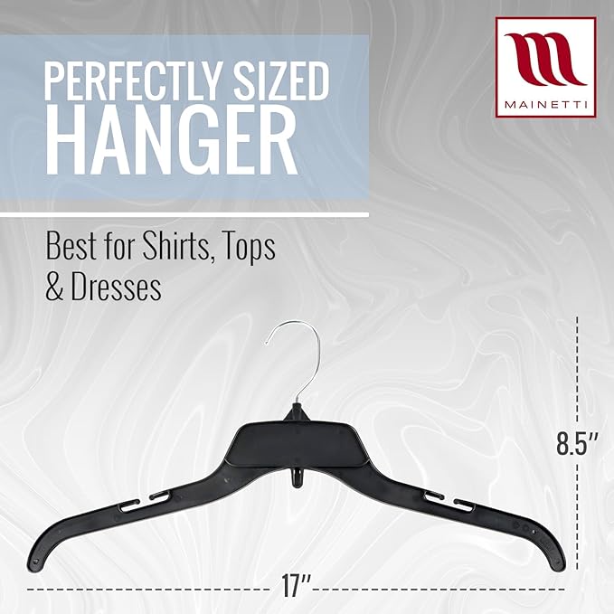 Mainetti 484 Recycled Black Plastic Hangers - 50 Pack with Rotating Metal Hook and Notches for Straps, Great for Shirts/Tops/Dresses, 17-Inch