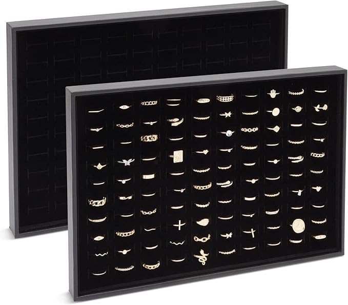 Juvale Ring Display Tray - Velvet Protection & Jewelry Display - Removable Pad & Earring Storage - Stackable Jewelry Trays & Glasses Holder for Nightstand - Pack of 2, 13.8 x 9.5 x 1.3 in, Black