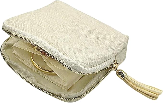Small Travel Jewelry Case - Jewelry Travel Organizer Bag with Tassel Zipper for Bracelets, Necklaces, Bangles, Jewelry Organizer Storage Bag Gift for Women Girls - LJB001-Beige
