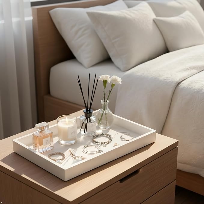 Artificial Travertine Tray, 12"x8" Perfume Tray for Bathroom Counter, Vanity, Home Organizer, Decorative Marble Trays for Perfume, Jewelry, Candles, Coffee, Rectangle, White