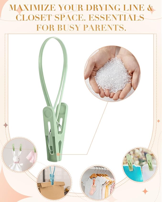 100 Pack Multi Purpose Laundry Hanging Clips with Rope, Heavy Duty Hanger Hooks for Baby Clothes, Pants, Socks, Hats (Light Blue, Light Gray, Light Pink, Green, Light Yellow)