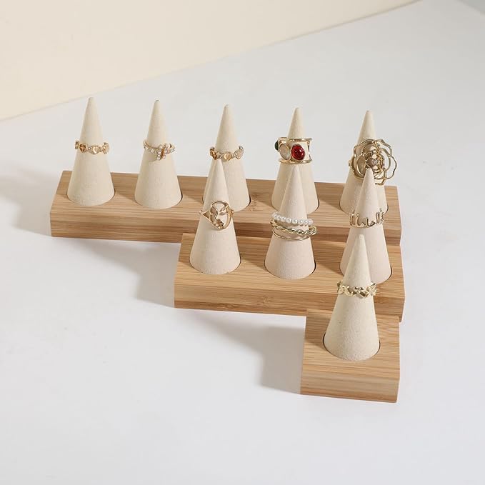GemeShou Beige wood ring storage organizer, Velvet Jewelry ring display holder, Cute ring display stand for selling, wedding ring holder at nightstand【Beige with five cone】