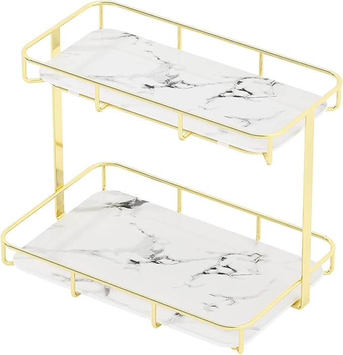 Bathroom Organizer Countertop Perfume Organizer Makeup Organizer Cosmetics Storage Display Rack Vanity Tray Dresser Stainless Steel Gold Shelf White Marble Ceramic Tray