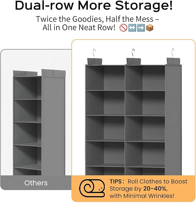 Space-Saving Hanging Closet Storage Organizer – Dual-Row Foldable Shelves with 3 Hooks, 6-Tier Wardrobe Organizer for Dorm, Bedroom, Closet (Grey) | Storage, 12 Pockets, 3 Sturdy Hooks, Dorm Room Essentials