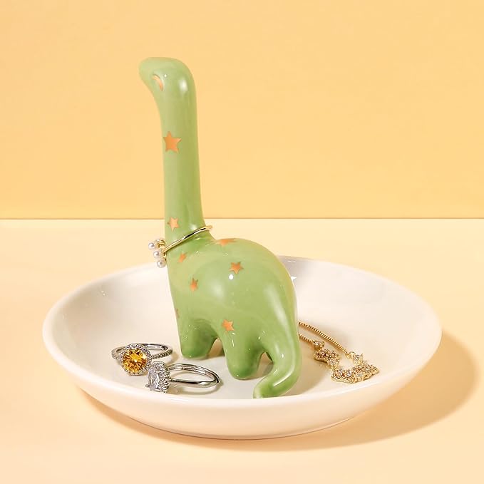 PUDDING CABIN Green Dinosaur Ring Holder Dish, Dinosaur Gifts Ring Holder for Rings Earrings Bracelets Necklace Organizer, Birthday Mothers Day Thanksgiving Christmas Gifts for Women