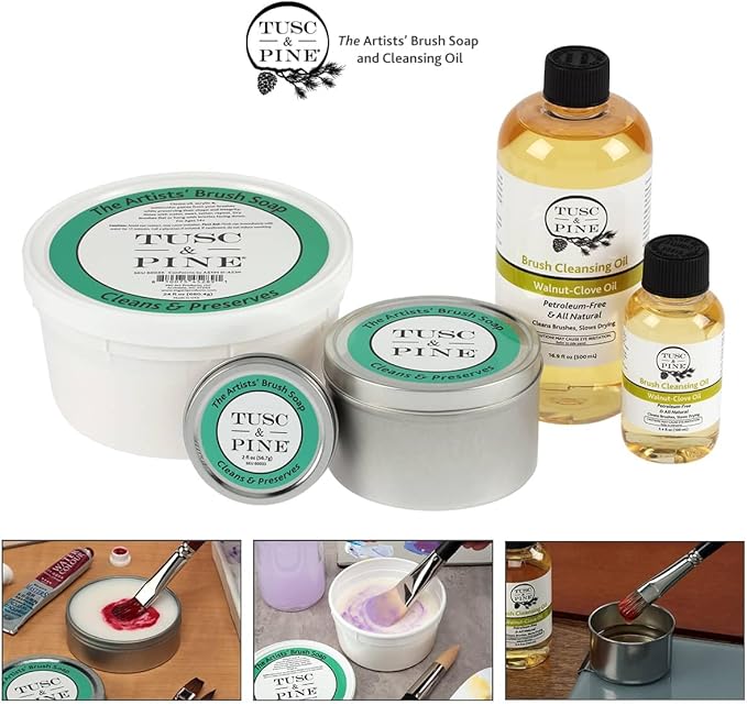Tusc & Pine The Artists' Brush Soap - 12oz Plant-Based Brush Cleaner, Oil, Acrylic, Watercolor Paint - Nourishes Bristles; Made in North Carolina; Alkali Soap, Gentle Pine Fragrance