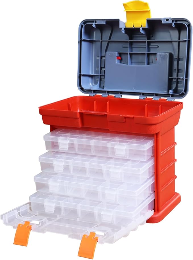 BIG RED AG2154CR Tackle Box Organizer: Portable Storage Tool Box with 4 Drawers and 19 Compartments Each for Hardware, Fish Tackle, Beads and more, Red