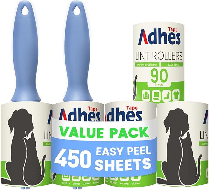 ADHES Lint Roller for Pet Hair – 5 Rolls + 2 Handles, 4 Inch x 90 Sheets, Extra Sticky Disposable Lint Rollers for Clothes, Furniture & Car Hair Removal – Portable Pet Hair Remover