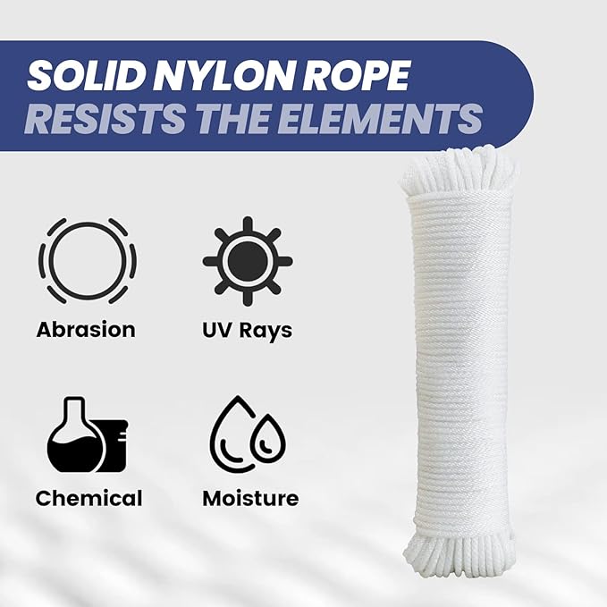 MERIANE 1/8inch 100FT Nylon Rope – Multipurpose Heavy Duty – Abrasion & UV Resistant – Ideal Use for Camping, Clothesline, Marine Rope, Flag Line - Shock Absorption Rope for Indoor Outdoor