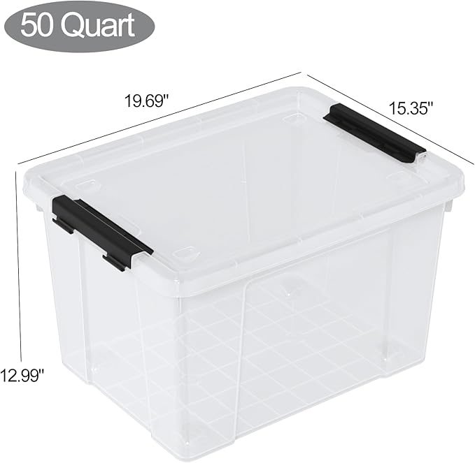 50 Quart Plastic Storage Container with Wheels, Clear Large Storage Bin, 4 Packs