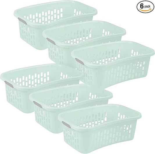 Sterilite 6 Pack HipHold Laundry Basket, Plastic Rectangle Clothes Hamper with Comfort Grip Handles & Reinforced Rim, 1.5 Bushel Capacity, Mint