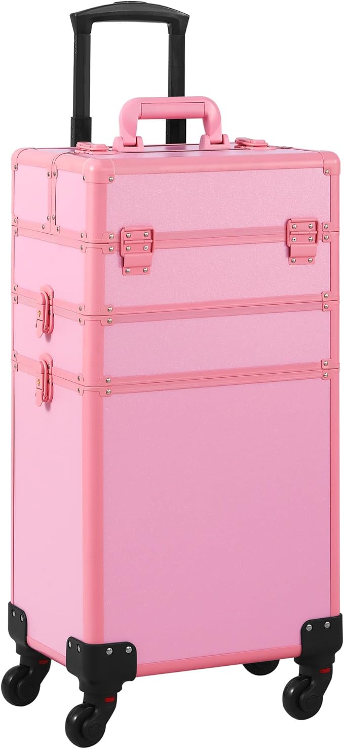 Makeup Train Case, Rolling Makeup Case, 3 in 1 Cosmetology Case on Wheels, Christmas Gift, Large Makeup Case Organizers, Profesional Cosmetic Case for Salon Barber, Pink
