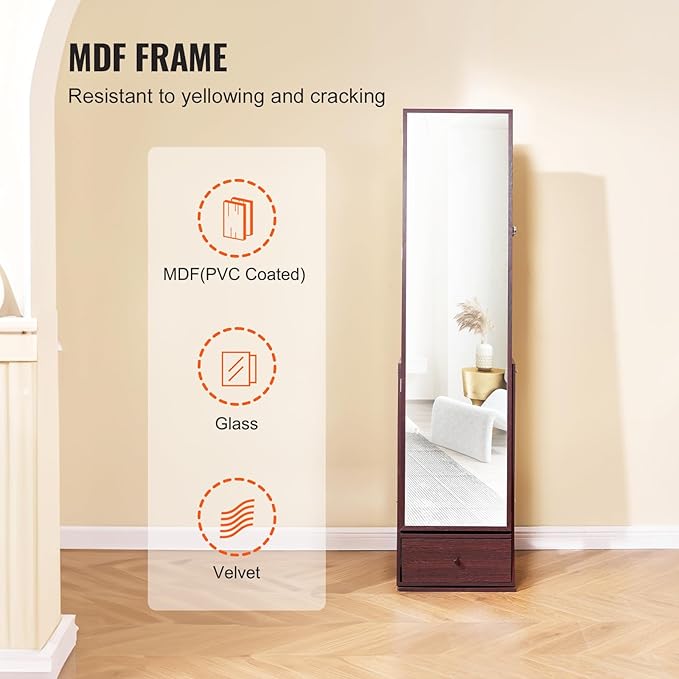 VEVOR 360° Swivel Jewelry Cabinet Armoire, 63-Inch Tall Lockable Jewelry Organizer with Full-Length Mirror, LED Light, Velvet Lining, Drawer, Freestanding, Brown