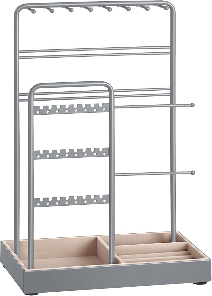 SONGMICS Jewelry Holder, Jewelry Organizer, Jewelry Display Stand with Metal Frame, Velvet Tray, Necklace Earring Bracelet Holder, for Studs, Rings, Gift Idea, Dove Gray UJJS021G01
