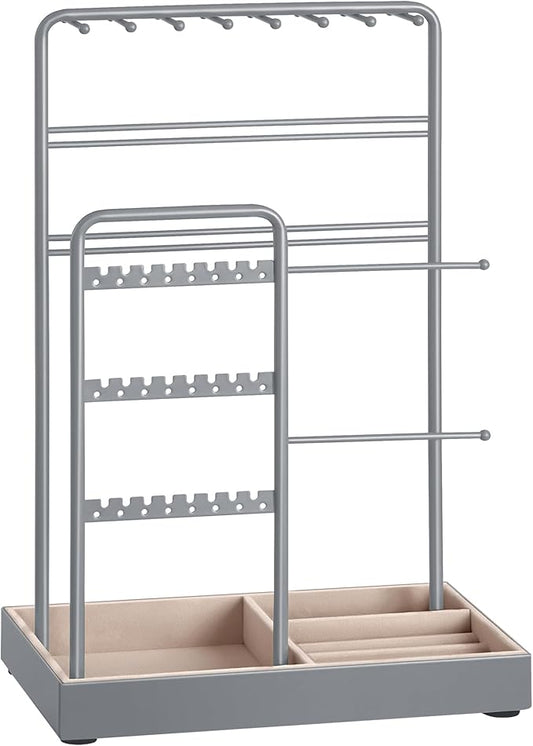 SONGMICS Jewelry Holder, Jewelry Organizer, Jewelry Display Stand with Metal Frame, Velvet Tray, Necklace Earring Bracelet Holder, for Studs, Rings, Gift Idea, Dove Gray UJJS021G01
