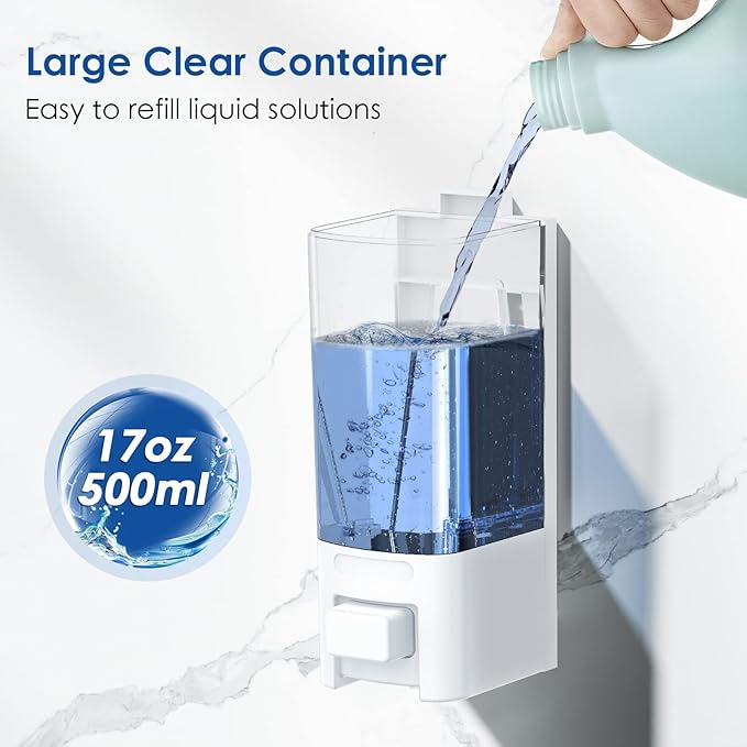 Manual Soap Dispenser, 17oz/500ml Wall Mount Soap Pump, Large Capacity Kitchen Bathroom Hand Soap Dispenser, Commercial Refillable Shampoo Shower Gel Lotion Dispenser, White