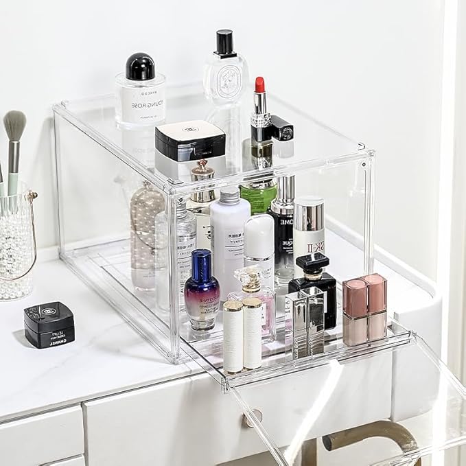 Stackable Clear Handbag Display Case for Closet with Drawers, Acrylic Box Display Case Showcase with Magnetic Door, Plastic Storage Bins Storage Drawers Containers for Organizing