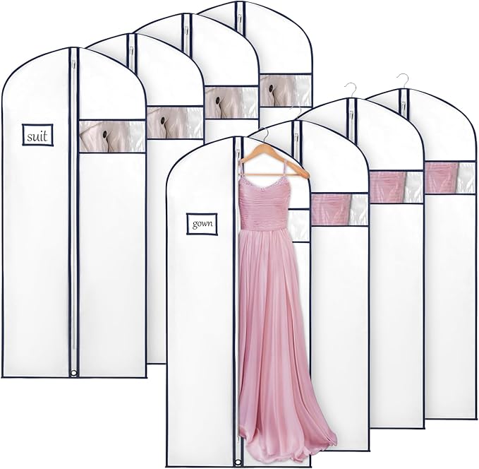 Syeeiex 60'' Garment Bags, Set of 8 Dress Bag for Gown, Garment Bags for Hanging Clothes,Garment Bag for Dresses Long,Dress Garment Bag for Gown,Evening Dresses,Fur Coat,Long Dress(White & Dark Blue)