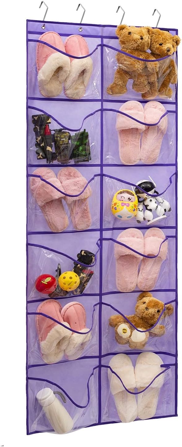 Extra Large Pocket Shoe Organizer - Hanging Shoe Rack with 12 Clear Pockets (Purple)