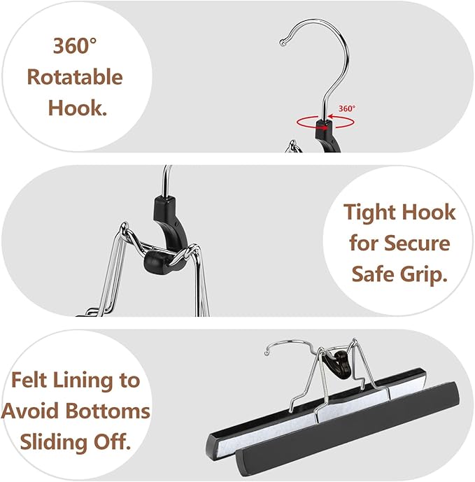AMKUFO 12 Pack Black Wooden Pants Hangers with Clips Non Slip Skirt Hangers Trouser Clamp Hanger Solid Wood Hanger with 360° Swivel Hook