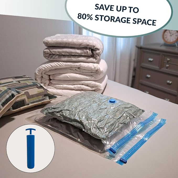 4 Mega Jumbo XXL Vacuum Storage Bags with Pump (47x35in), Supersized Compression Space Saver for Comforter, duvet, Bedding, Blanket storage, Vacuum Seal Bags for Clothing, Stuffed Toy, Cushions