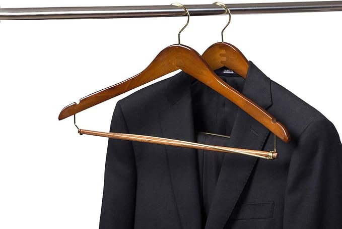 10 Quality Hangers Curved Wooden Hangers Beautiful Sturdy Suit Coat Hangers with Locking Bar Gold Hooks Walnut Finish (10)