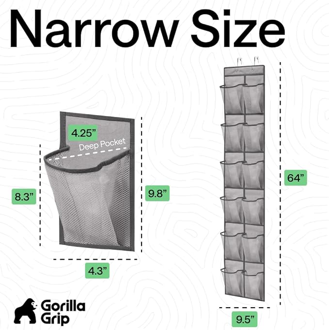 GORILLA GRIP Over the Door Shoe Organizer, 12 Large Breathable Mesh Pockets, Space Saving Hanging Storage Holder, 2 Hook Closet Rack Hanger, Hangs on Closets for Shoes, Accessories, 64H x 9.5W Gray