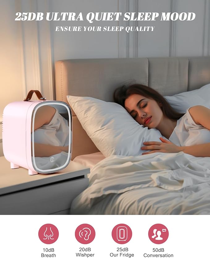 Mini Fridge for Bedroom, 4 Liter/6 Can Skincare Fridge With LED Mirror,12v AC/DC Cooler & Warmer Portable Small Refrigerator for Drinks, Makeup, Dorm, Office and Car(Pink)