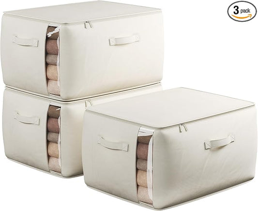 Large Canvas Clothes Storage Bags with Thick Handles and Clear Window, Foldable Cotton Linen Closet Organizer for Clothing, Blankets and Bedding, 70L, 3 Pack, Beige
