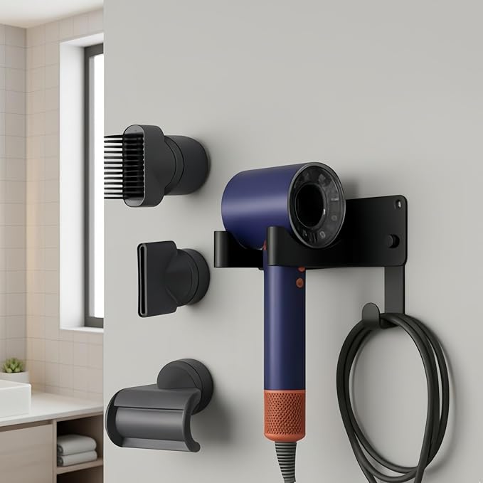 Hair Dryer Holder, Hair Dryer Holder Wall Mounted Self Adhesive Hairdryer Holder forDyson Aluminum Blow Dryer Holder Wall Mounted Black Hairdryer Hanger for Bathroom Black CHOCHOYAH