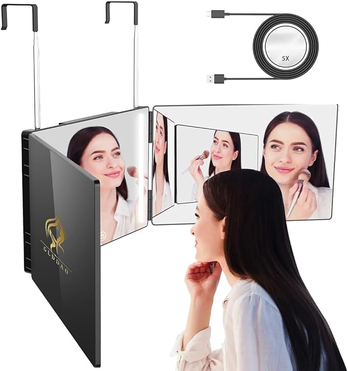 Three Way Mirror for Braiding Hair LED Lighted Trifold 360 Mirror for Women for Braiding Haircuts for Men Self Cut Shaving Barber Hair Cutting Tools