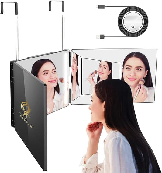 Three Way Mirror for Braiding Hair LED Lighted Trifold 360 Mirror for Women for Braiding Haircuts for Men Self Cut Shaving Barber Hair Cutting Tools