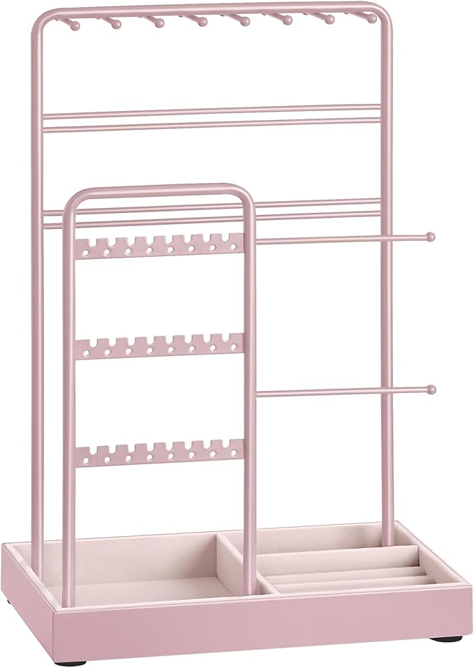 SONGMICS Jewelry Holder, Jewelry Organizer, Jewelry Display Stand with Metal Frame, Velvet Tray, Necklace Earring Bracelet Holder, for Studs, Rings, Gift Idea, Jelly Pink UJJS021R01