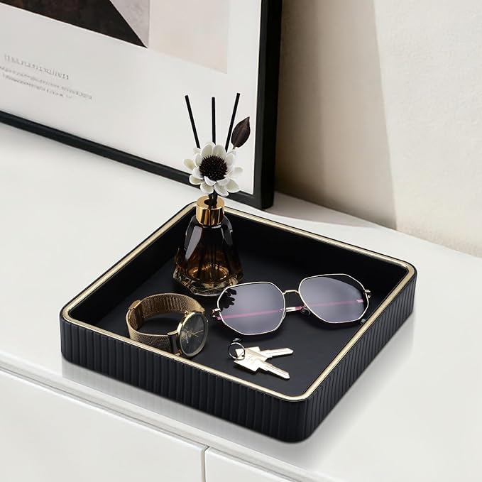 GORESE Leather Valet Tray Nightstand Organizer, Square EDC Trays for Colognes Wallet Sunglasses, Key Dish Catch All Bowl Desk Tray, Gift for Men & Women, Black(9.3'' × 9.3'')