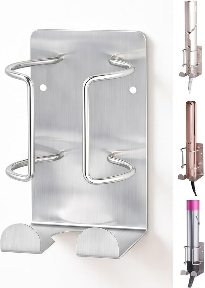 Curling Iron Holder, Stainless Steel Flat Iron Holder Wall Mount, Hair Straightener Holder for Bathroom Storage, Dyson Airstraight Holder Space Saving Silver PTALSEAW
