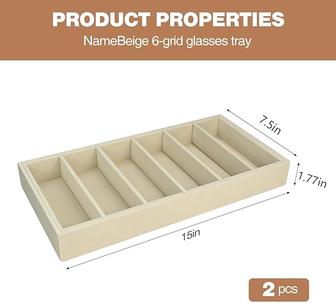 Sunglass Organizer Tray 2 Pcs - 6-Velvet Sunglasses Organizer Tray, Compartment Stackable Glasses Drawer Storage and Display, Trade Show Home Use, Display Case for Eyeglasses Jewelry Display–Beige