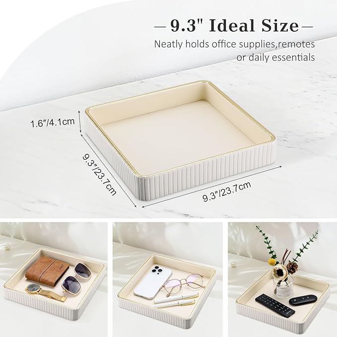 GORESE Square Nightstand Tray Perfume Organizer, Leather Decorative Tray, Purse Bowl Catch All Trays for Trinket Keys, Valet Jewelry Trays for Vanity, Gift for Women & Men, Cream White(9.3'' × 9.3'')
